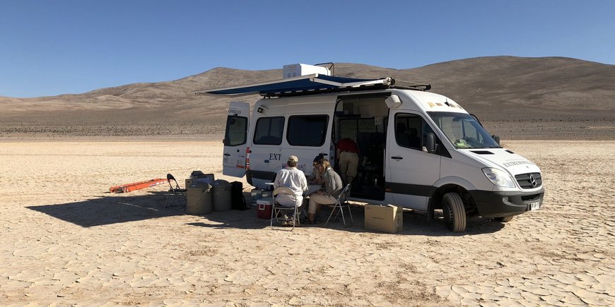 Two people sitting in the shadow of the white van. Surrounded by a desert landscape.